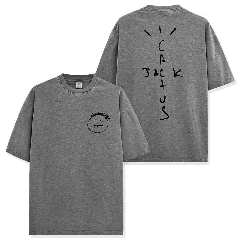 American Hip Hop Travis Scott Printed Washed Short Sleeve T-Shirt Men's and Women's Loose Crew Neck Band Summer Cotton Top - Travis Scott Merchandise - Free Shipping Buy Now