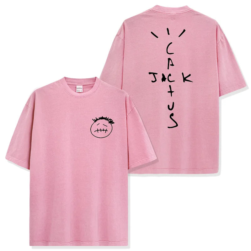 American Hip Hop Travis Scott Printed Washed Short Sleeve T-Shirt Men's and Women's Loose Crew Neck Band Summer Cotton Top - Travis Scott Merchandise - Free Shipping Buy Now