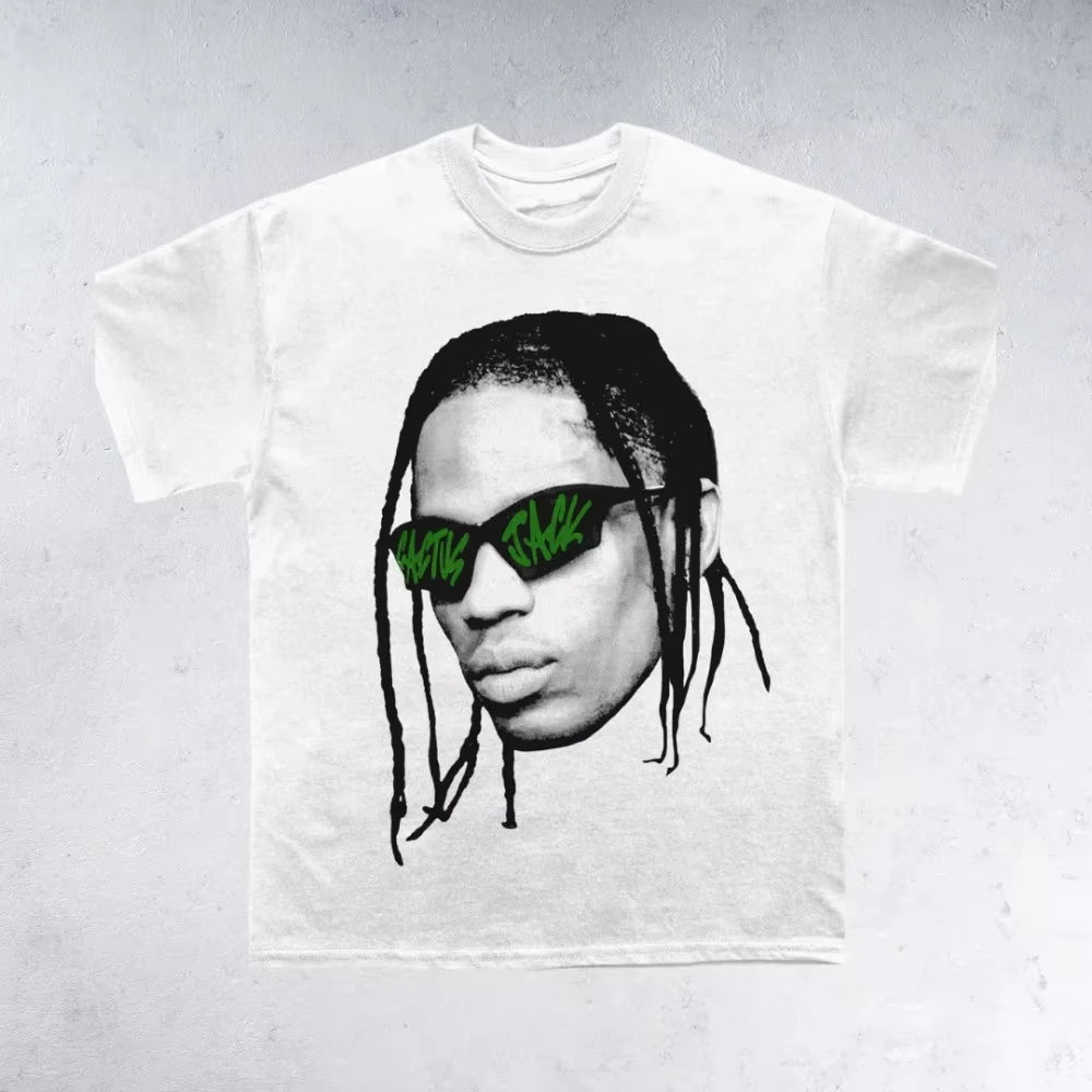 Retro Trend Portrait Travis Scott T-Shirt Casual High Street Male Female Couples Short Sleeve Summer Streetwear Oversize Tee Top - Travis Scott Merchandise - Free Shipping Buy Now