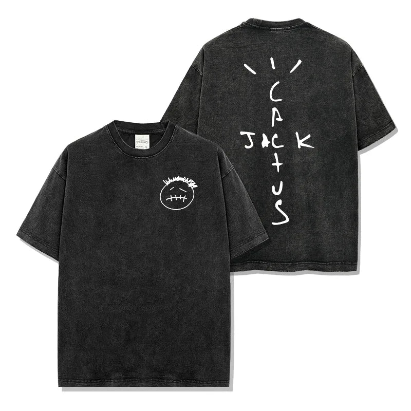 American Hip Hop Travis Scott Printed Washed Short Sleeve T-Shirt Men's and Women's Loose Crew Neck Band Summer Cotton Top - Travis Scott Merchandise - Free Shipping Buy Now