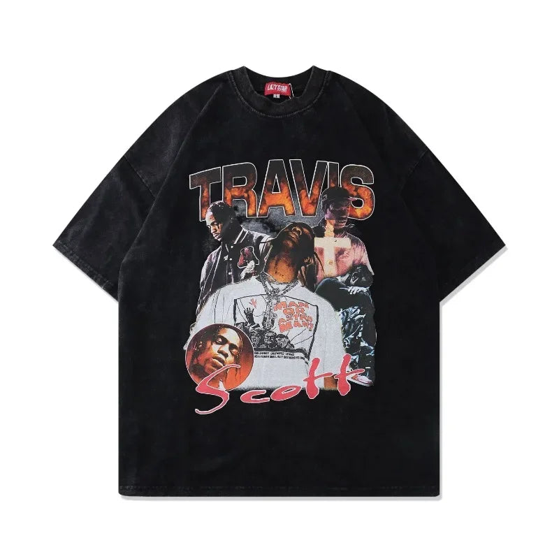 Streetwear Summer Cotton Tees Men Hip Hop Singer Character Print Men's Oversize Short Sleeve T-shirts Casual 90s Vintage Clothes - Travis Scott Merchandise - Free Shipping Buy Now