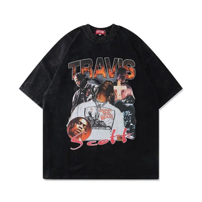 Streetwear Summer Cotton Tees Men Hip Hop Singer Character Print Men's Oversize Short Sleeve T-shirts Casual 90s Vintage Clothes - Travis Scott Merchandise - Free Shipping Buy Now