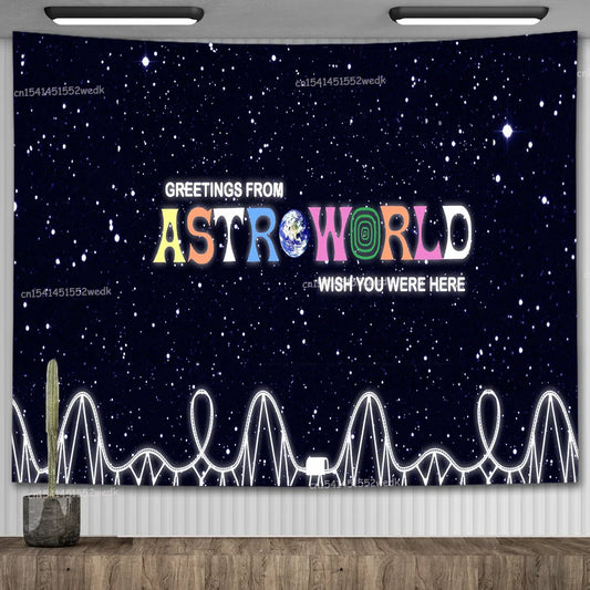 Travis Scott Astroworld Album Poster Psychedelic Hippie Starry Sky Tapestry Aesthetic Tapestry Wall Hanging Teen Room Decoration