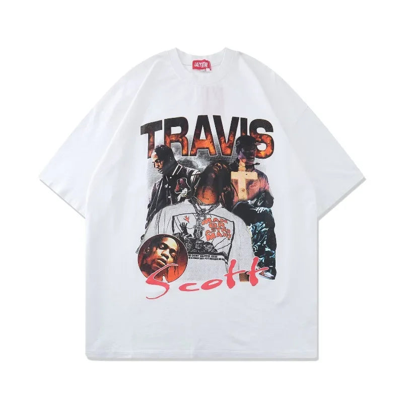 Streetwear Summer Cotton Tees Men Hip Hop Singer Character Print Men's Oversize Short Sleeve T-shirts Casual 90s Vintage Clothes - Travis Scott Merchandise - Free Shipping Buy Now
